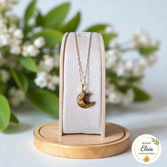 Collier Lune Œil de Tigre (Afrique du Sud) - Acier inoxydable plaqué or "Lune Solaire"