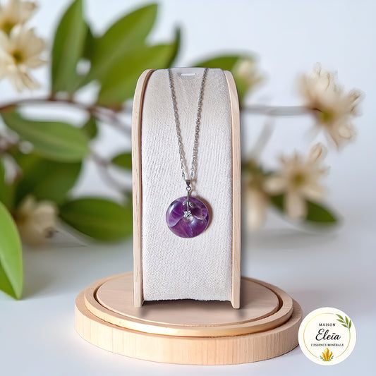 Collier Donut Améthyste du Brésil – Acier Inoxydable & Fleur Zircon – « Sérénité Éternelle »