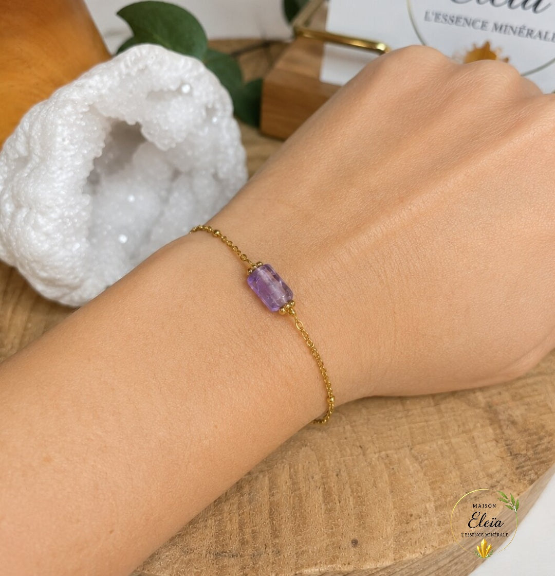 Lunéa – Bracelet Améthyste AA du Brésil en Acier Inoxydable Doré | Pierre Naturelle | Ajustable 17 + 5 cm