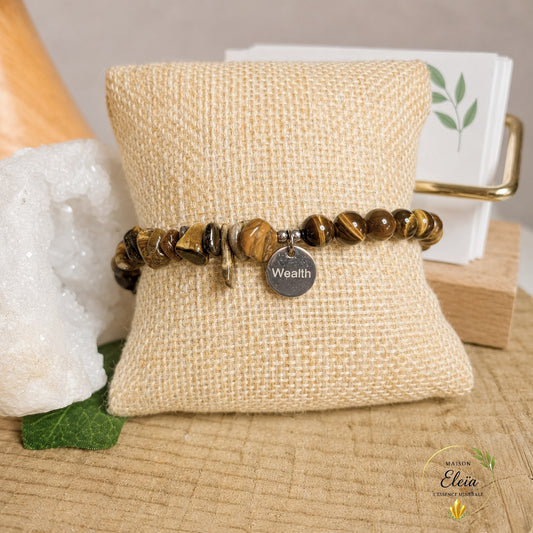 Bracelet Aelys Œil de Tigre A Brésil – Perles 6 mm & Pépites – Acier Inoxydable Argenté