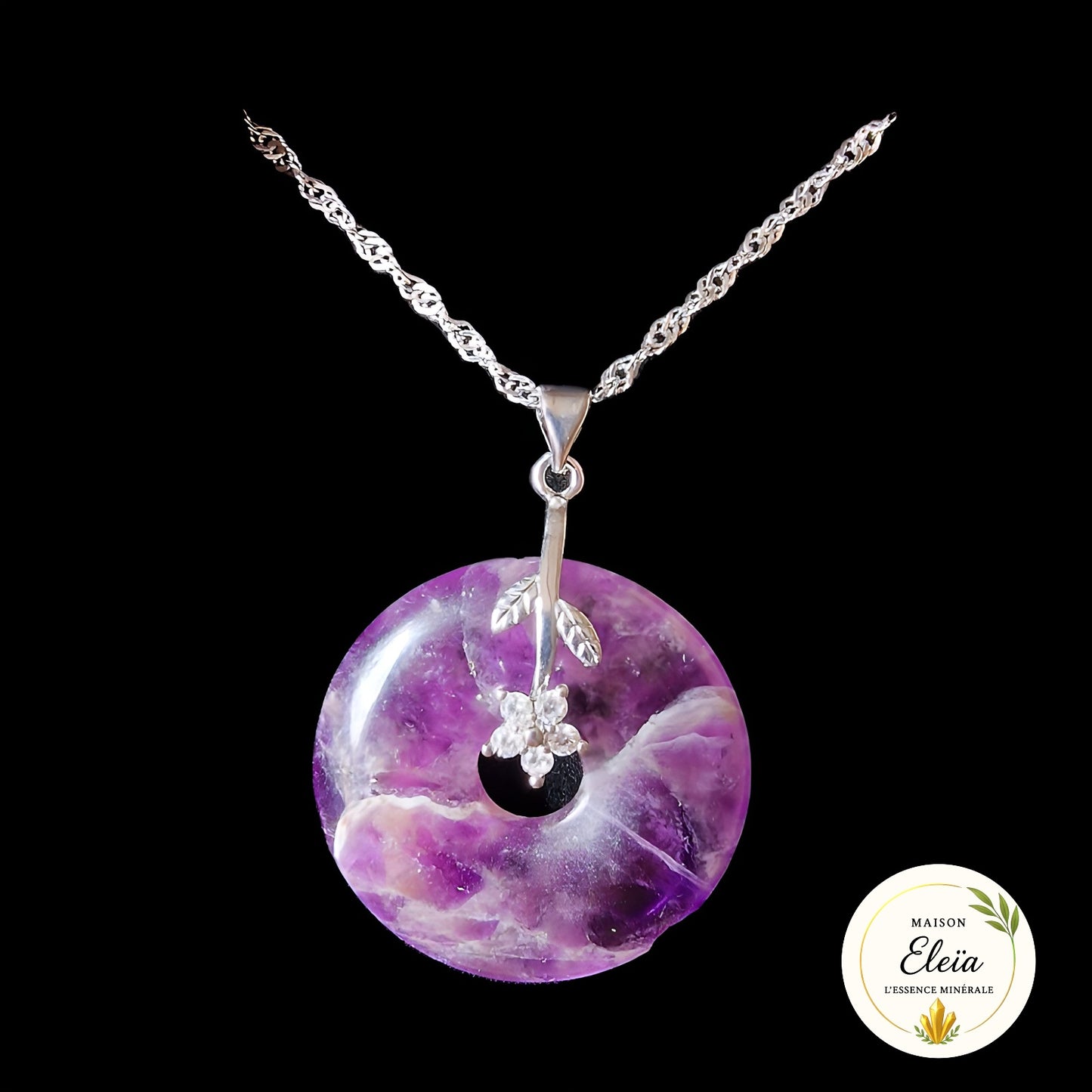 Collier Donut Améthyste du Brésil – Acier Inoxydable & Fleur Zircon – « Sérénité Éternelle »