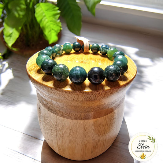 Bracelet en Agate mousse d'Afrique du Sud – Pierre d’ancrage et sérénité – Perles 10 mm