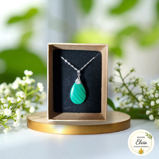 Collier Malachite Naturelle – Zircons & Acier Inoxydable – « Éclat Précieux »