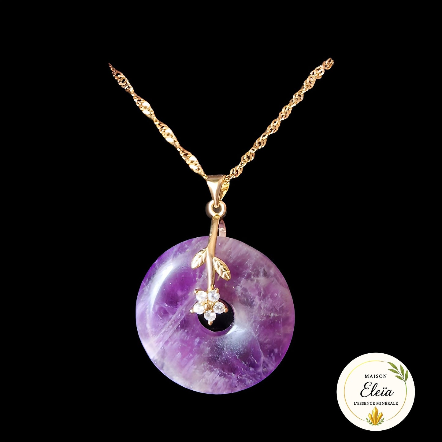 Collier Donut Améthyste du Brésil – Acier Inoxydable Plaqué Or – « Aura Radieuse »