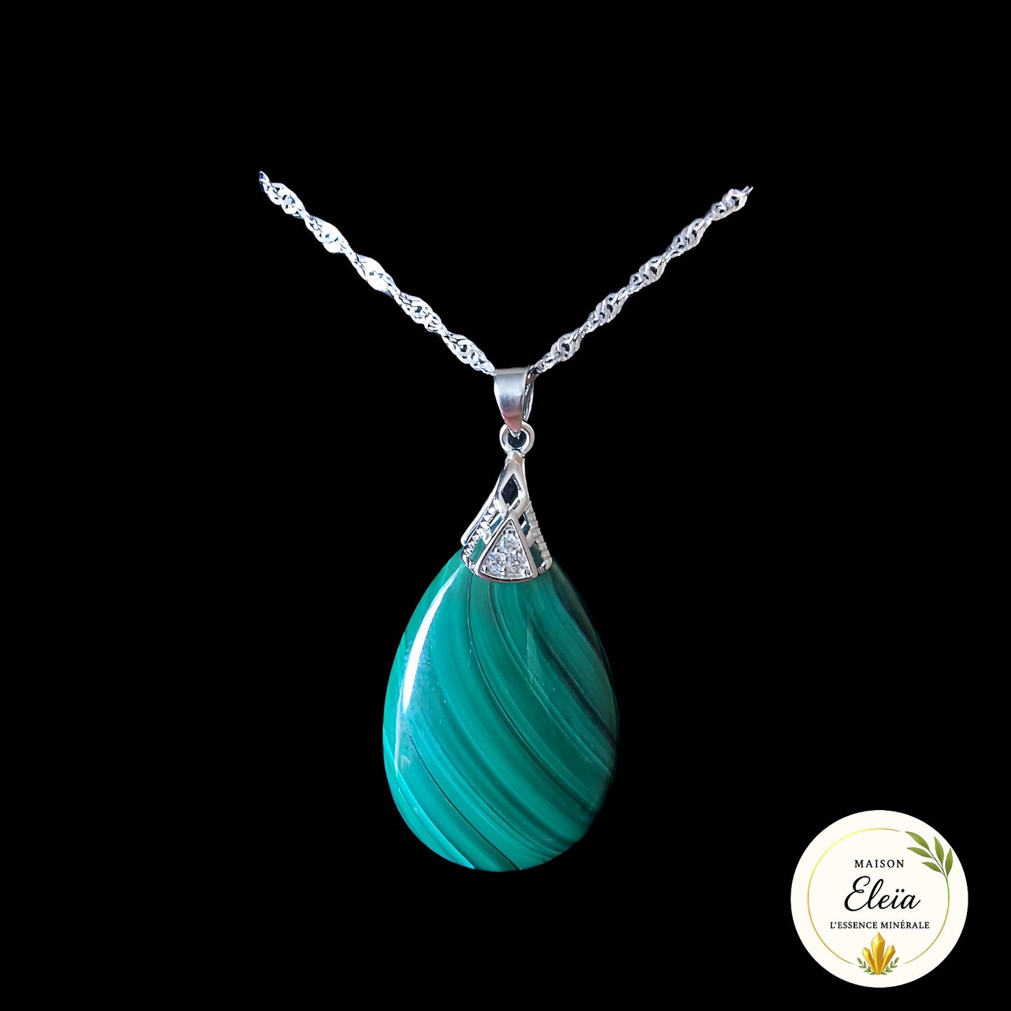 Collier Malachite Naturelle – Zircons & Acier Inoxydable – « Éclat Précieux »