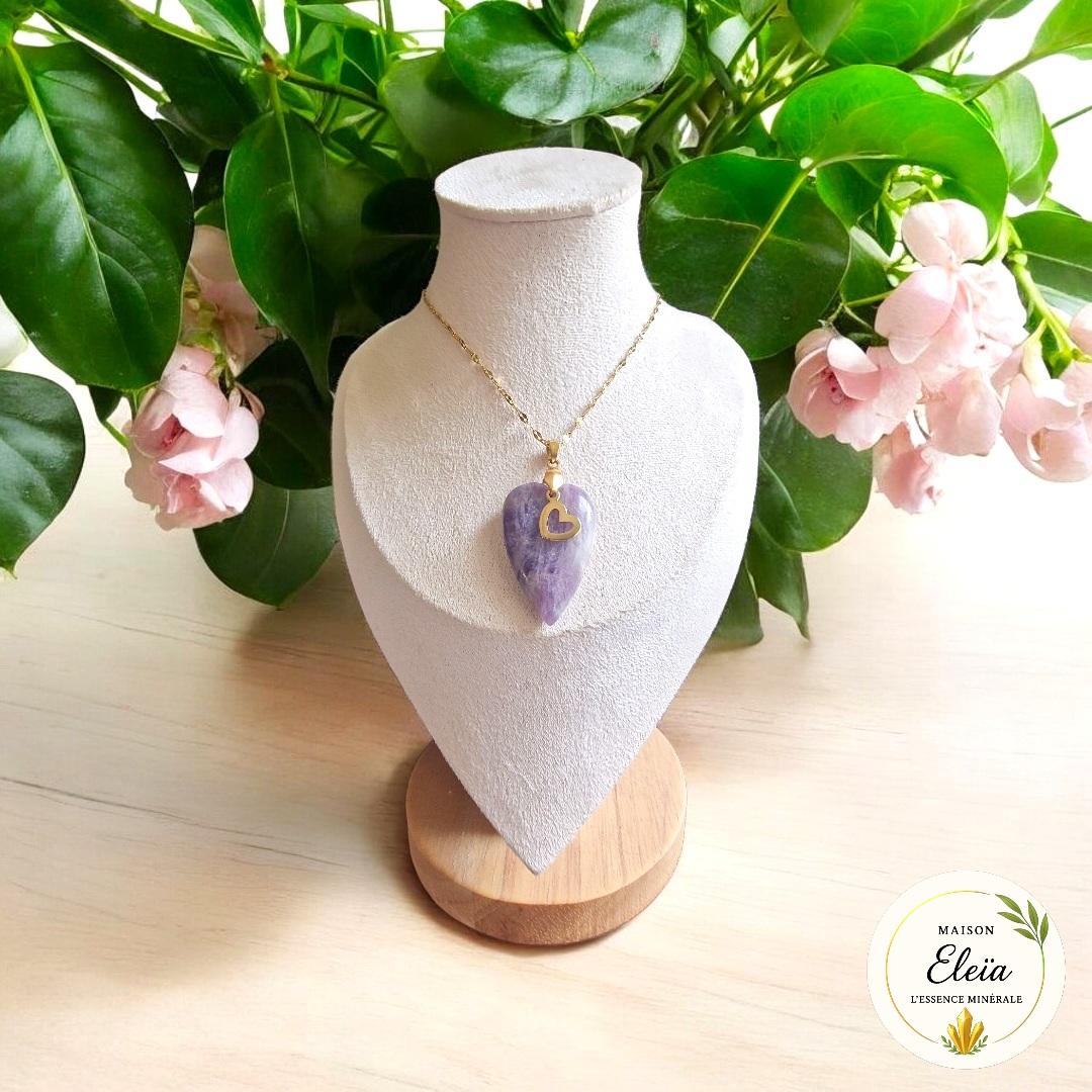 Collier Cœur Améthyste Zambie & Acier inoxydable or "Cœur intuitif"