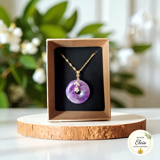 Collier Donut Améthyste du Brésil – Acier Inoxydable Plaqué Or – « Aura Radieuse »
