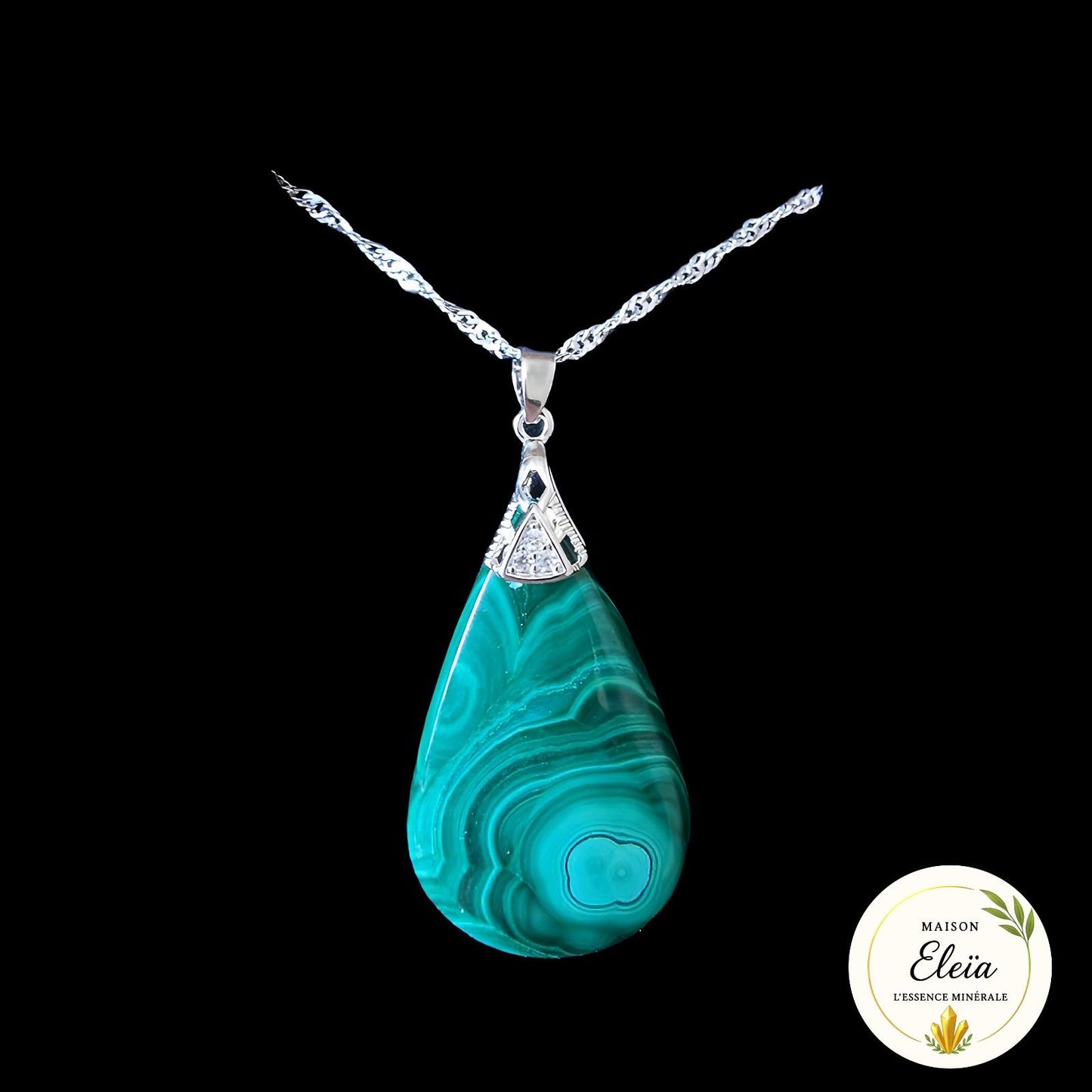 Collier Malachite Naturelle – Zircons & Acier Inoxydable – « Lumière Intemporelle »