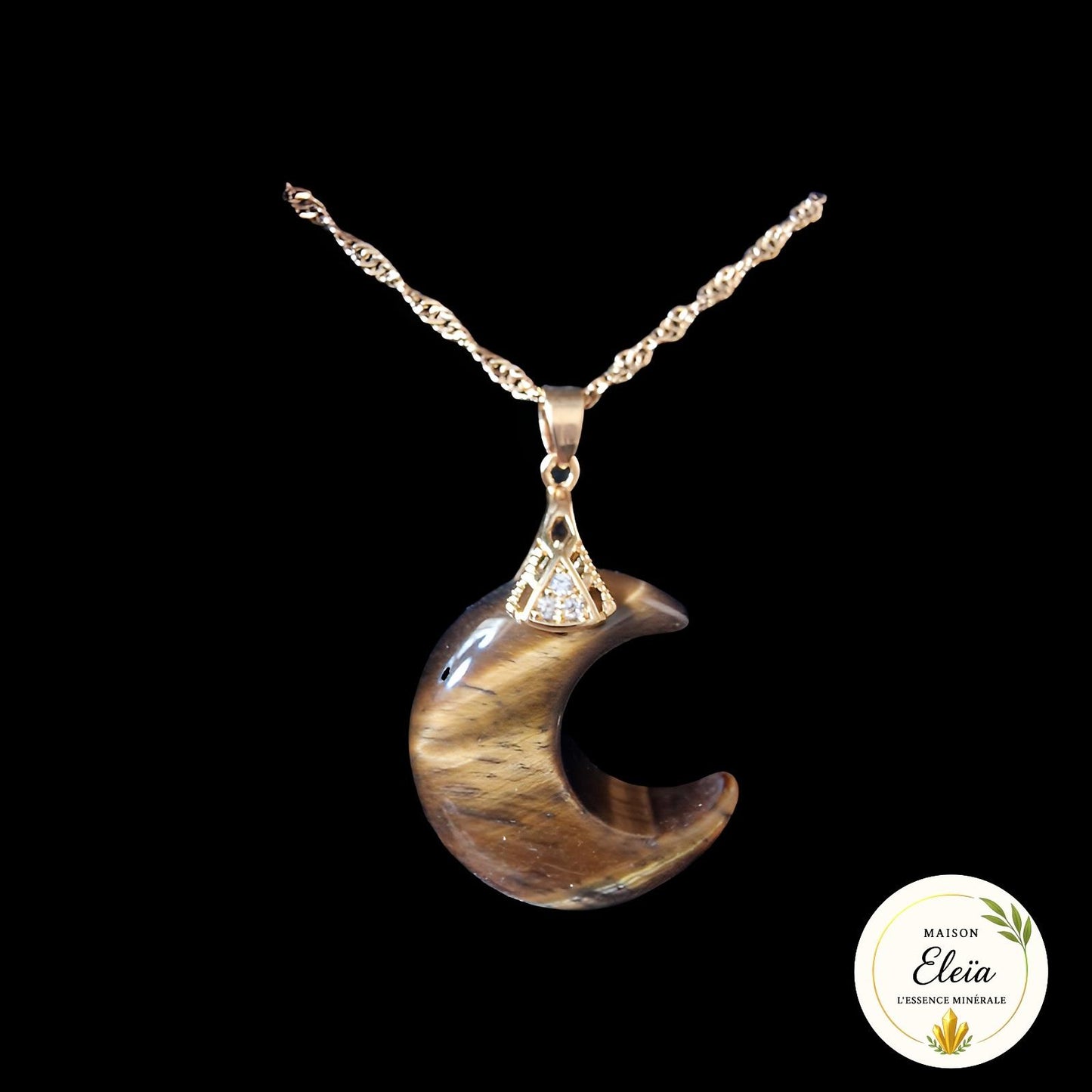 Collier Lune Œil de Tigre (Afrique du Sud) - Acier inoxydable plaqué or "Lune Solaire"