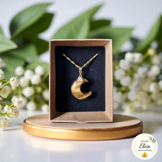 Collier Lune Œil de Tigre (Afrique du Sud) - Acier inoxydable plaqué or "Lune Solaire"