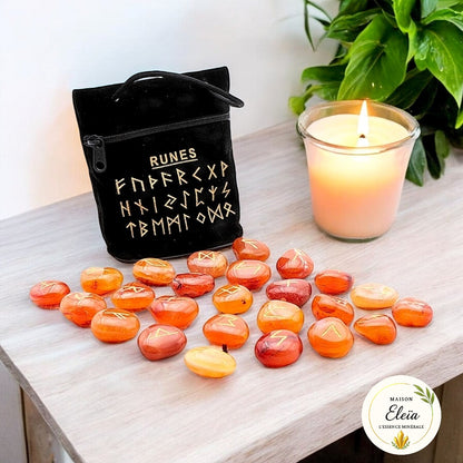 Set de runes en cornaline – Divination, guidance et énergie positive