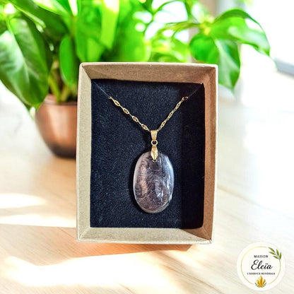 Collier Hypersthène – Pierre de protection mentale – Bijou énergétique en acier inoxydable doré