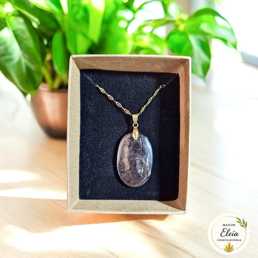 Collier Hypersthène – Pierre de protection mentale – Bijou énergétique en acier inoxydable doré