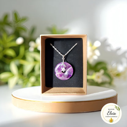 Collier Donut Améthyste du Brésil – Acier Inoxydable & Fleur Zircon – « Sérénité Éternelle »