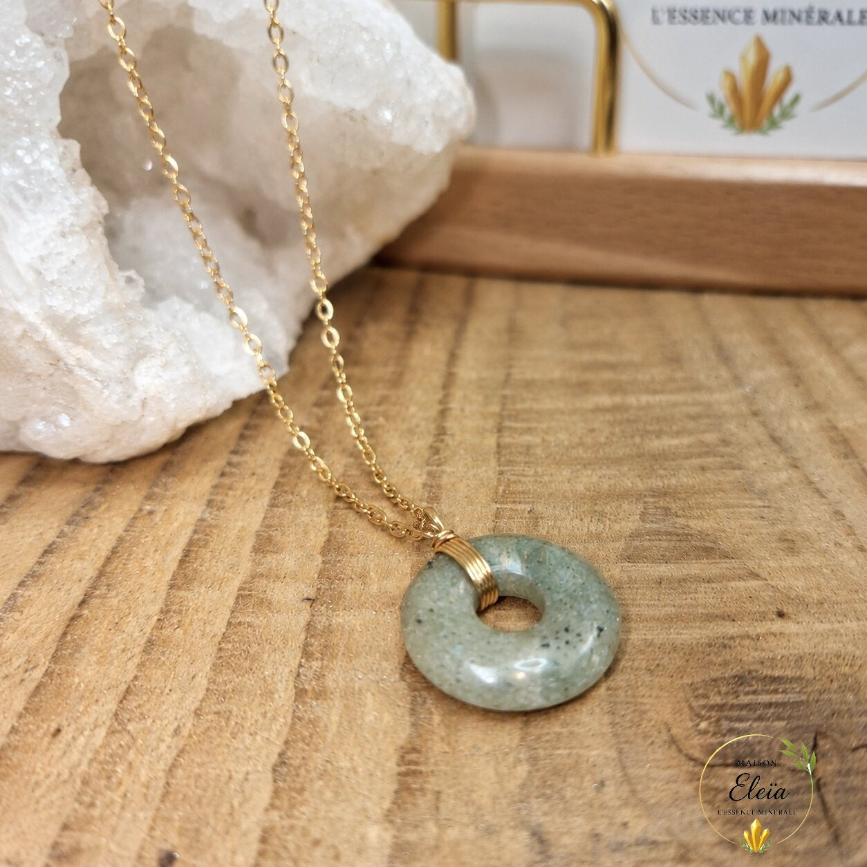 Éclys – Collier Labradorite A Madagascar en Acier Inoxydable Doré | Pendentif Donut 17 mm | Chaîne 48+5cm