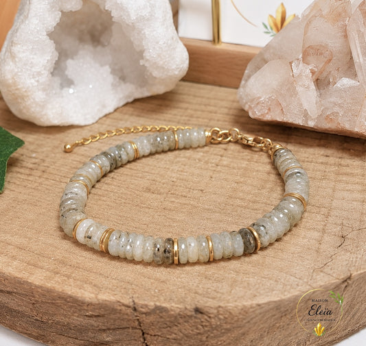 Bracelet Lyséa Labradorite A Madagascar 6 mm Doré | Acier Inoxydable Réglable 17-23 cm | Maison Eleïa