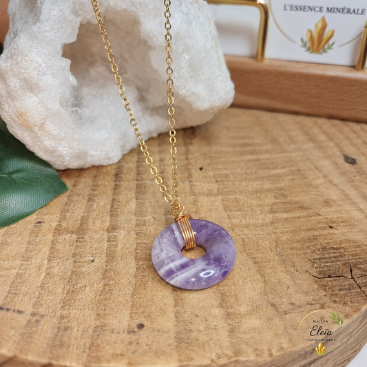Éléïna – Collier Améthyste A du Brésil en Acier Inoxydable Doré | Pendentif Donut 17 mm | Chaîne 48+5 cm