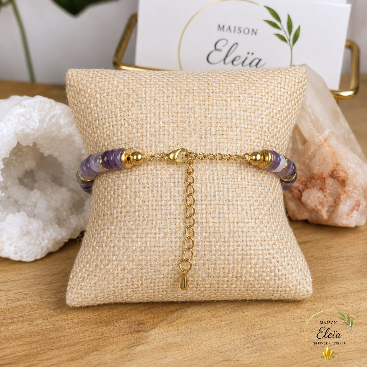 Bracelet Esmée Améthyste A Brésil 6 mm Doré | Acier Inoxydable Réglable 17-23 cm | Maison Eleïa