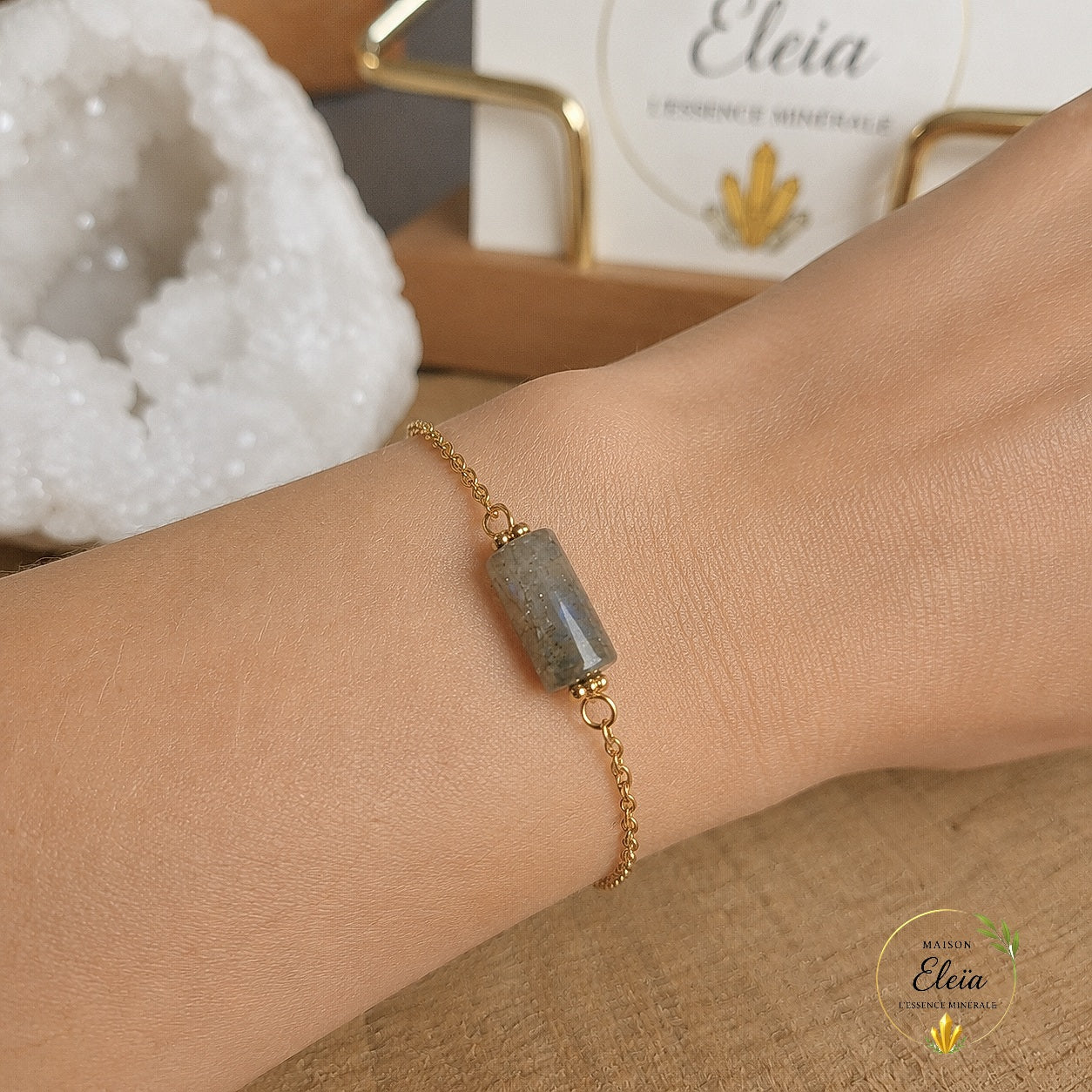 Éclipse – Bracelet Labradorite de Madagascar en Acier Inoxydable Doré | Pierre Naturelle | Ajustable 17 + 5 cm