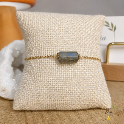 Éclipse – Bracelet Labradorite de Madagascar en Acier Inoxydable Doré | Pierre Naturelle | Ajustable 17 + 5 cm