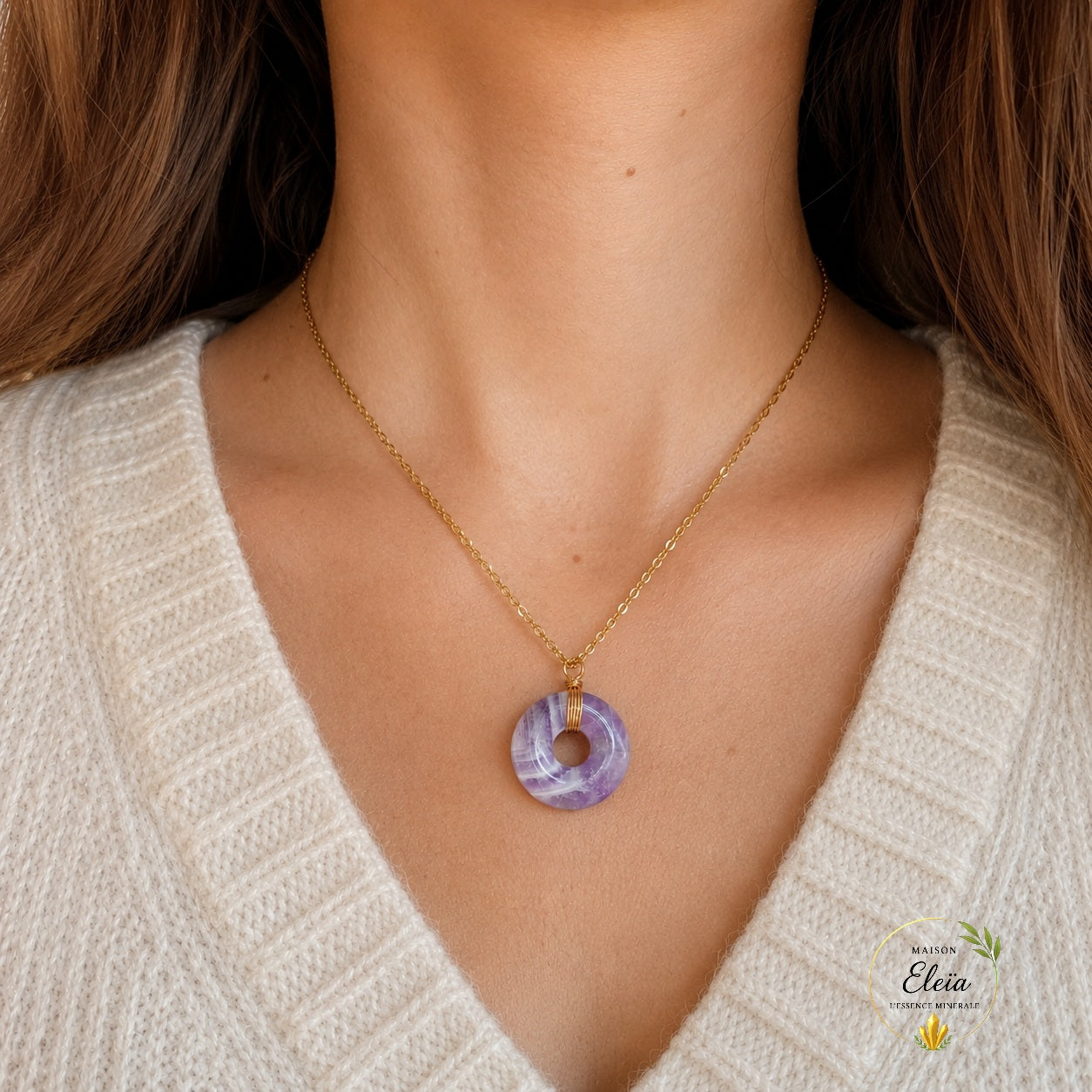 Éléïna – Collier Améthyste A du Brésil en Acier Inoxydable Doré | Pendentif Donut 17 mm | Chaîne 48+5 cm