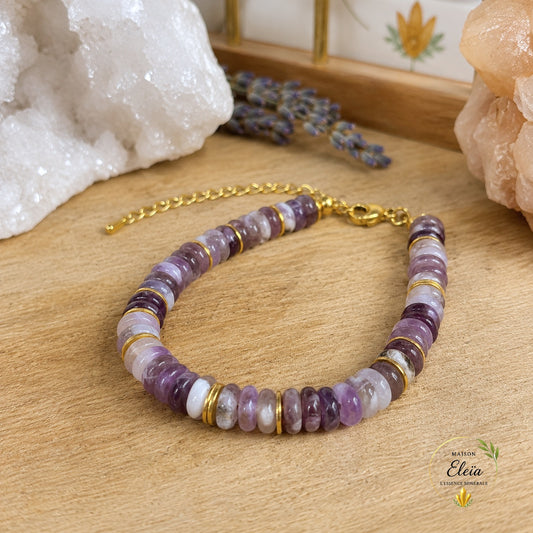 Bracelet Esmée Améthyste A Brésil 6 mm Doré | Acier Inoxydable Réglable 17-23 cm | Maison Eleïa