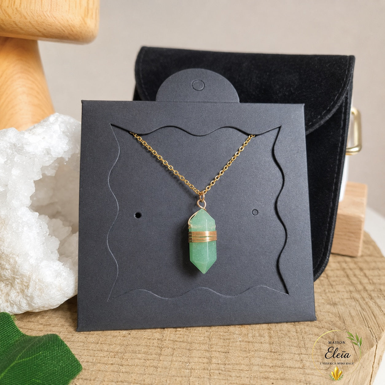 Collier Aventurine Verte A Brésil Pointe 20mm – Chaîne Acier Inoxydable Doré 38+5cm – Pierre Naturelle
