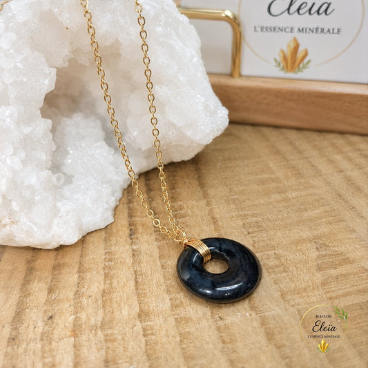 Collier Nox – Onyx A du Brésil 17 mm – Acier Inoxydable Doré