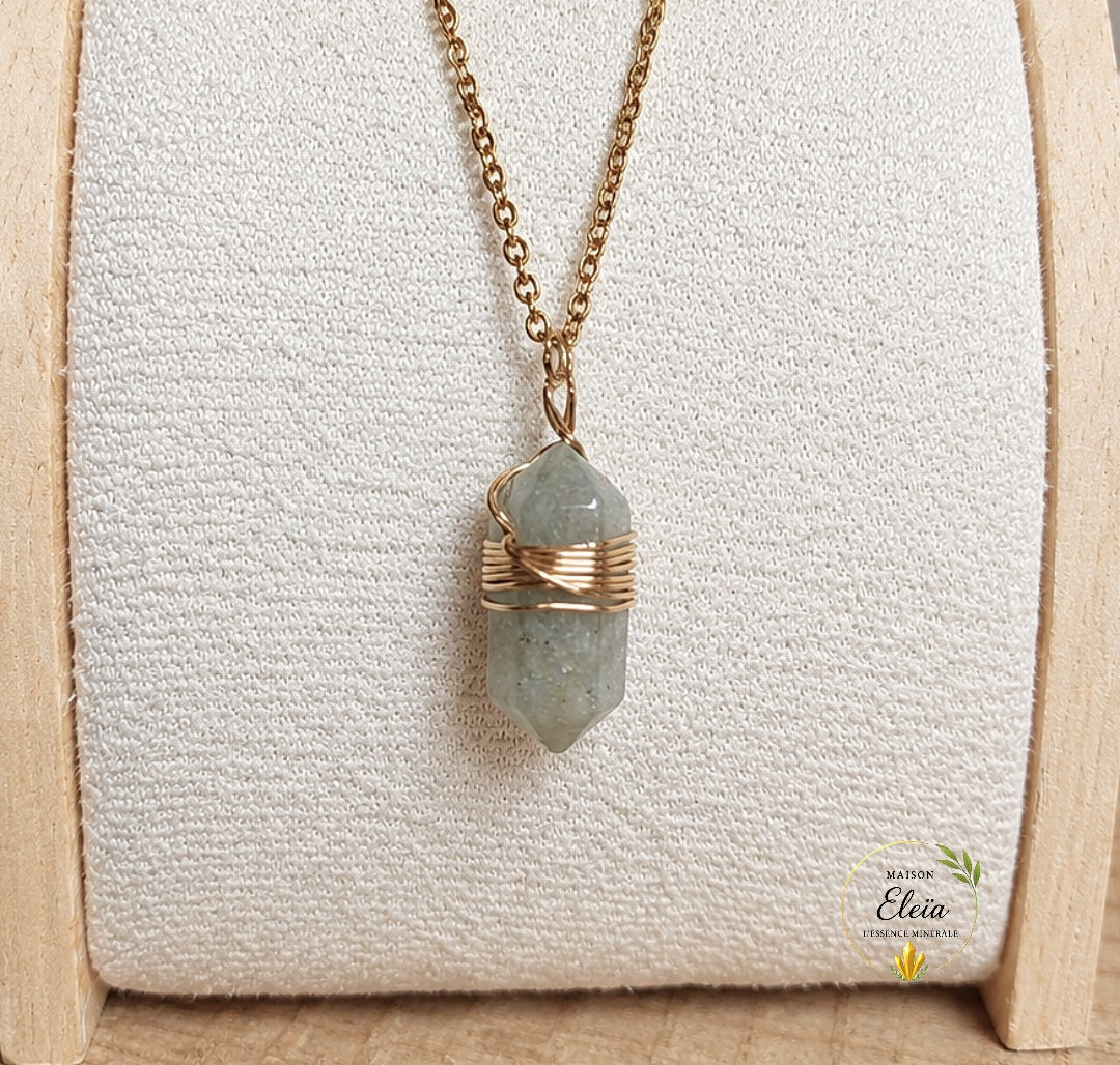 Collier Labradorite Femme Acier Inoxydable Doré – Pierre Naturelle Madagascar – Pendentif Pointe 20 mm
