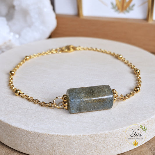 Éclipse – Bracelet Labradorite de Madagascar en Acier Inoxydable Doré | Pierre Naturelle | Ajustable 17 + 5 cm