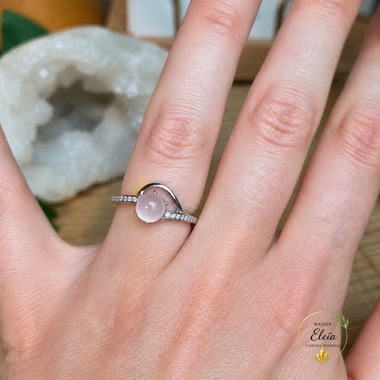 Bague Rosélia Quartz Rose AA+ Madagascar Argent 925 Réglable | Zircons | Maison Eleïa