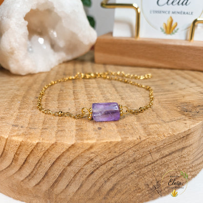 Lunéa – Bracelet Améthyste AA du Brésil en Acier Inoxydable Doré | Pierre Naturelle | Ajustable 17 + 5 cm