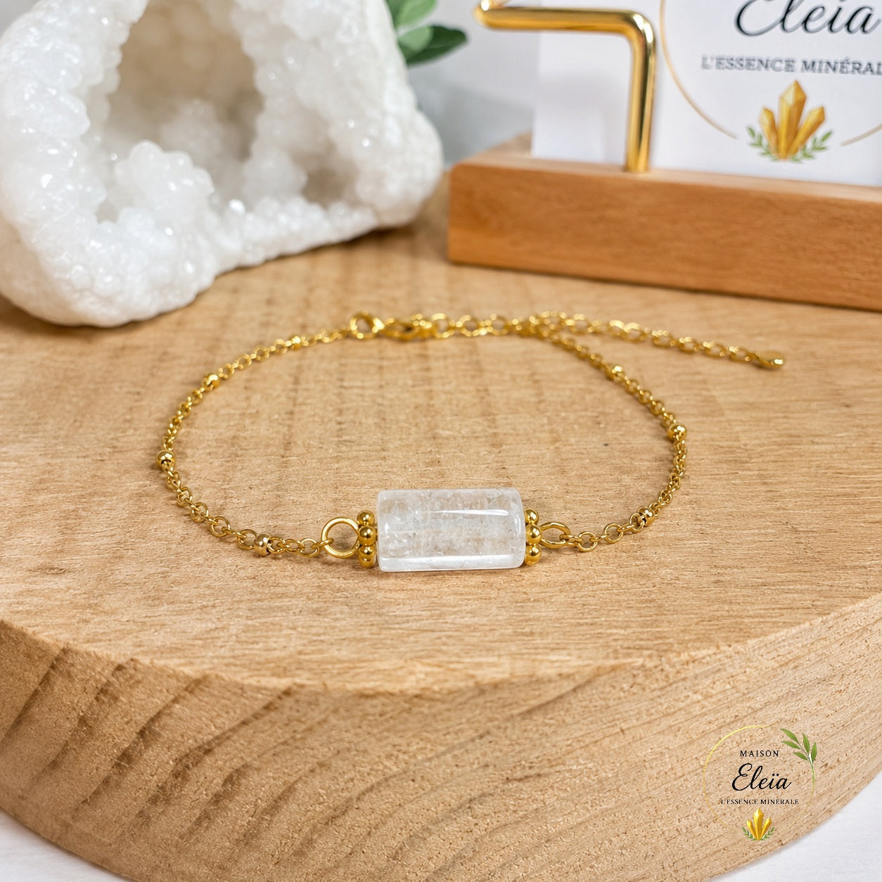 Luméa – Bracelet Cristal de Roche AA du Brésil en Acier Inoxydable Doré | Pierre Naturelle | Ajustable 17 + 5 cm