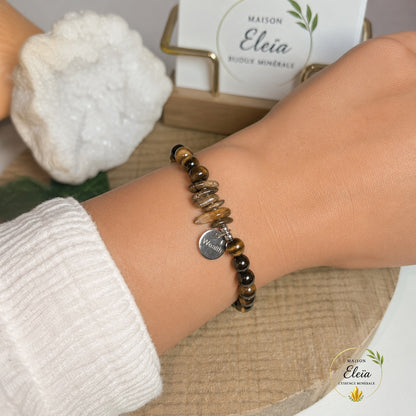 Bracelet Aelys Œil de Tigre A Brésil – Perles 6 mm & Pépites – Acier Inoxydable Argenté