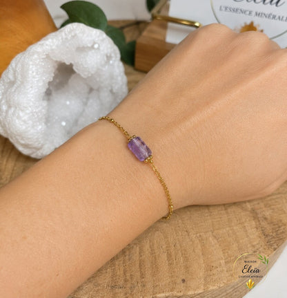 Lunéa – Bracelet Améthyste AA du Brésil en Acier Inoxydable Doré | Pierre Naturelle | Ajustable 17 + 5 cm