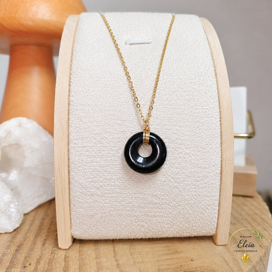Collier Nox – Onyx A du Brésil 17 mm – Acier Inoxydable Doré