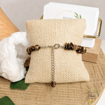 Bracelet Aelys Œil de Tigre A Brésil – Perles 6 mm & Pépites – Acier Inoxydable Argenté