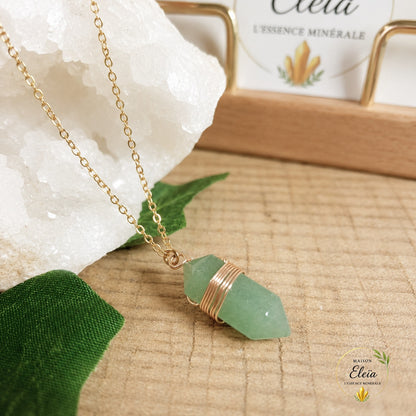 Collier Aventurine Verte A Brésil Pointe 20mm – Chaîne Acier Inoxydable Doré 38+5cm – Pierre Naturelle