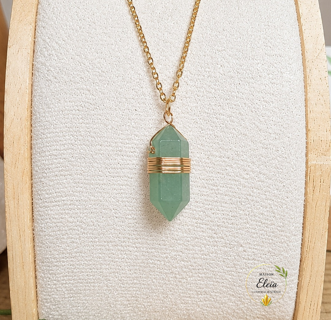 Collier Aventurine Verte A Brésil Pointe 20mm – Chaîne Acier Inoxydable Doré 38+5cm – Pierre Naturelle