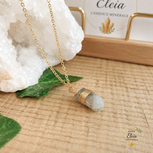 Collier Labradorite Femme Acier Inoxydable Doré – Pierre Naturelle Madagascar – Pendentif Pointe 20 mm