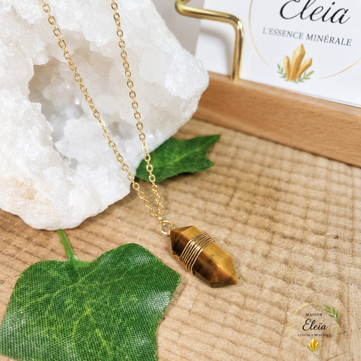 Collier Œil de Tigre A Afrique du Sud | Pendentif Pointe 20 mm | Acier Inoxydable Doré | Protection & Confiance en Soi