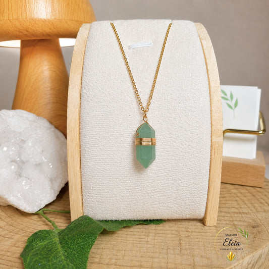 Collier Aventurine Verte A Brésil Pointe 20mm – Chaîne Acier Inoxydable Doré 38+5cm – Pierre Naturelle