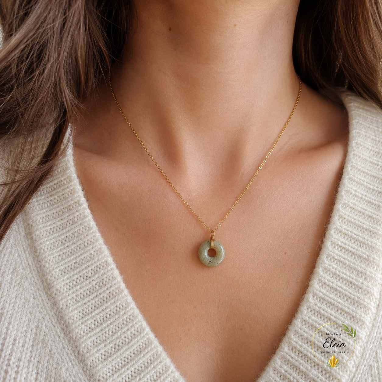 Éclys – Collier Labradorite A Madagascar en Acier Inoxydable Doré | Pendentif Donut 17 mm | Chaîne 48+5cm