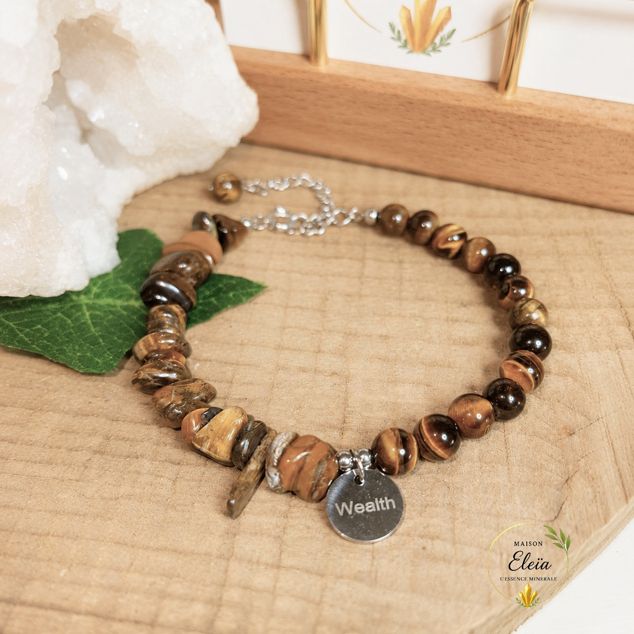 Bracelet Aelys Œil de Tigre A Brésil – Perles 6 mm & Pépites – Acier Inoxydable Argenté