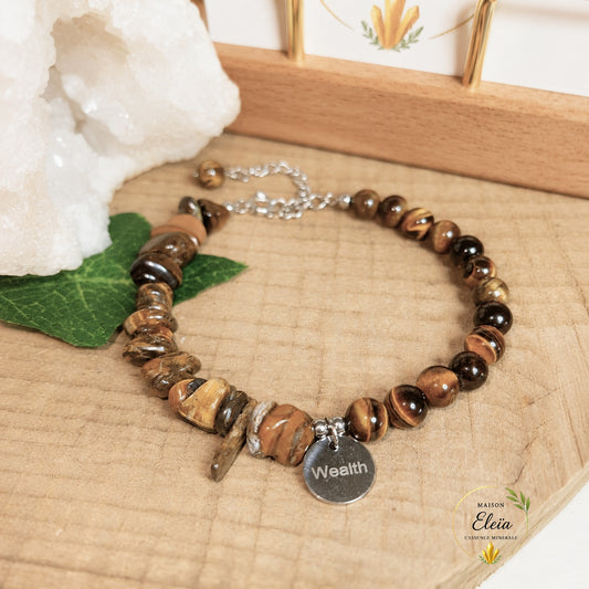 Bracelet Aelys Œil de Tigre A Brésil – Perles 6 mm & Pépites – Acier Inoxydable Argenté