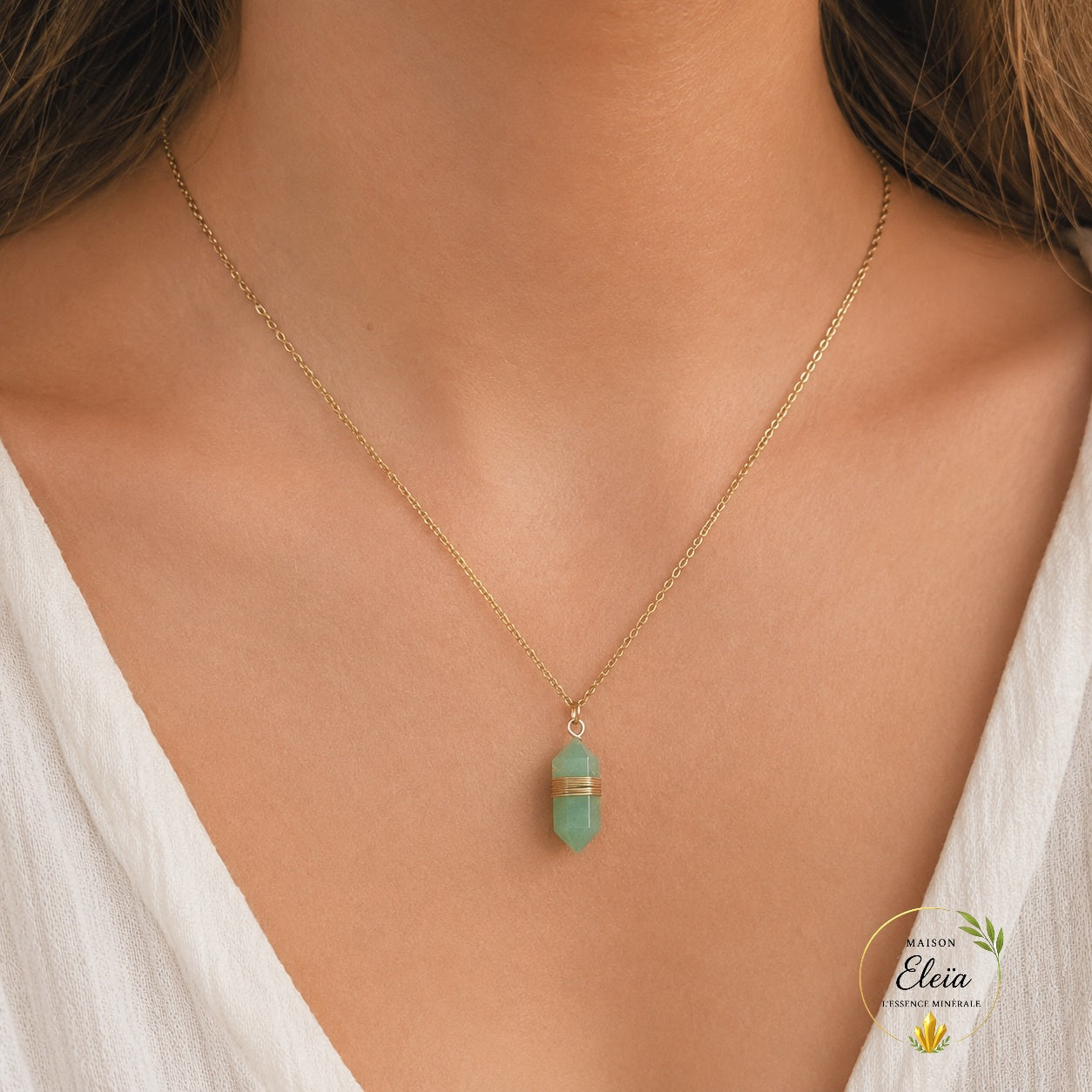 Collier Aventurine Verte A Brésil Pointe 20mm – Chaîne Acier Inoxydable Doré 38+5cm – Pierre Naturelle