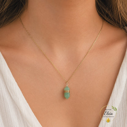 Collier Aventurine Verte A Brésil Pointe 20mm – Chaîne Acier Inoxydable Doré 38+5cm – Pierre Naturelle