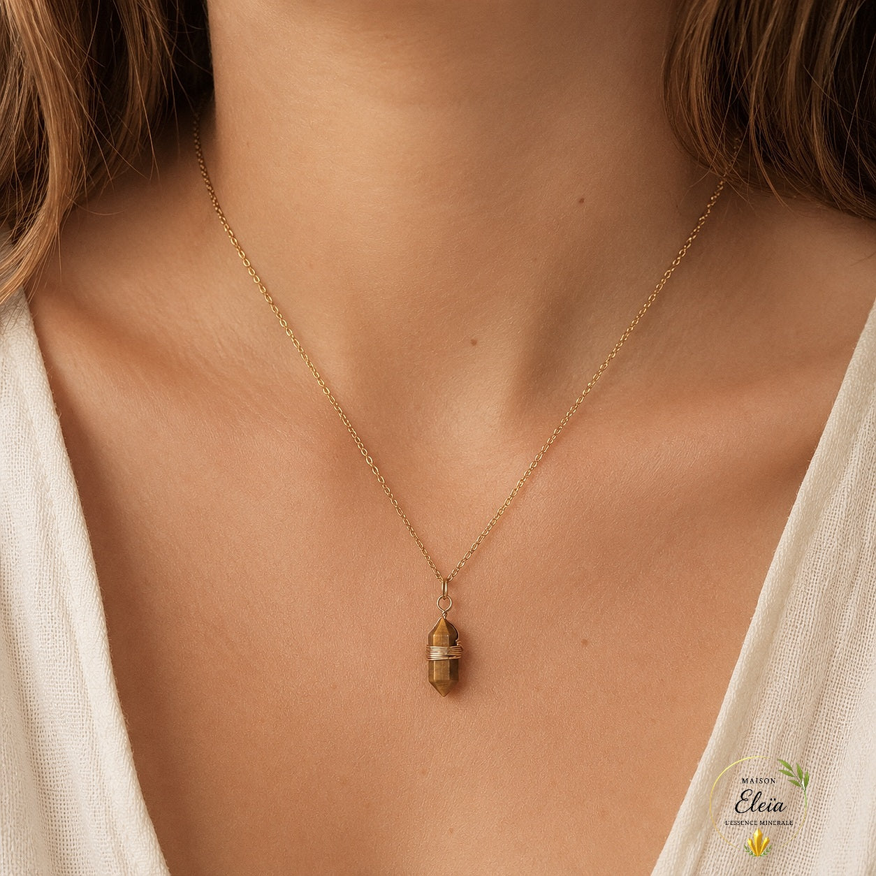 Collier Œil de Tigre A Afrique du Sud | Pendentif Pointe 20 mm | Acier Inoxydable Doré | Protection & Confiance en Soi
