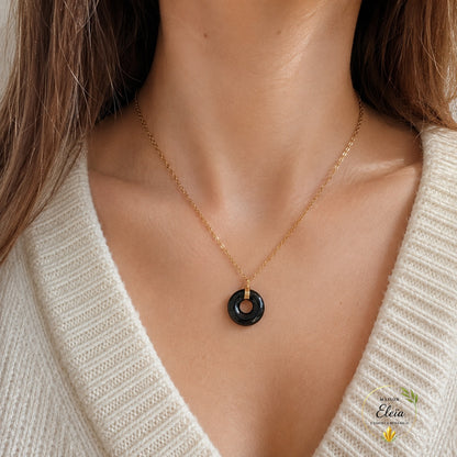 Collier Nox – Onyx A du Brésil 17 mm – Acier Inoxydable Doré